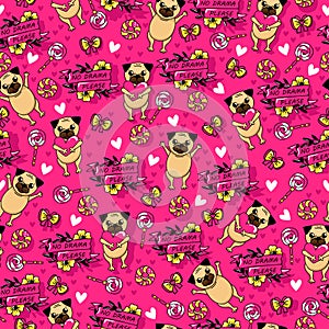 Sweet seamless pattern with pug, candy, flowers, donuts, bow and trendy frases. photo